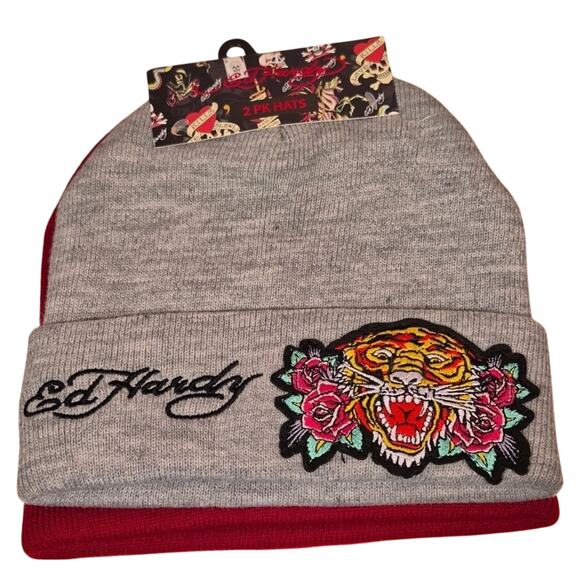 NWT Ed Hardy 2 pk Y2K Hat Beanie Screaming Tiger & Rhinestone Grey Maroon - Picture 8 of 9